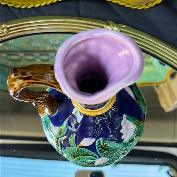 Hand-Painted Blue Ceramic Pitcher with Floral Design - Picture 3 of 6